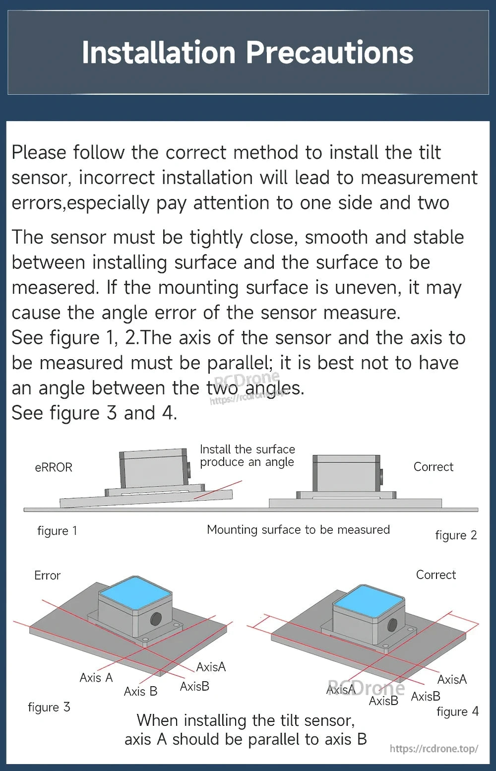 Installation precautions graphic showing correct mounting surfaces and axis alignment to avoid angle errors