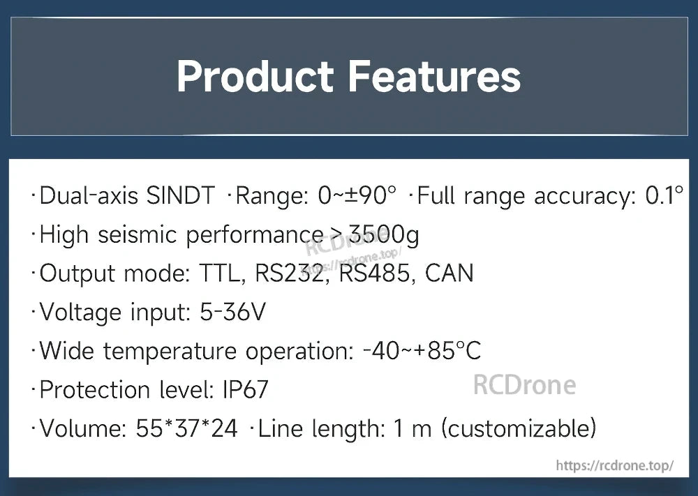 Product features list with range ±90°, 3500g shock resistance, IP67 rating, and -40 to +85°C operation