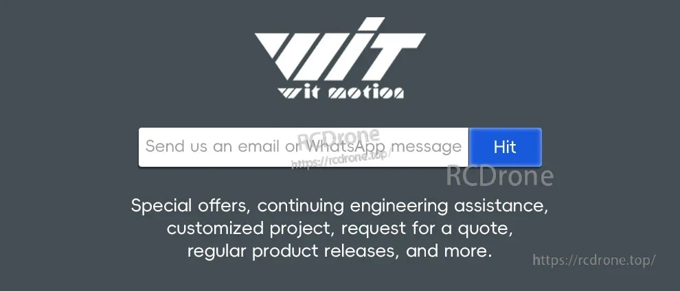 WitMotion logo with email/WhatsApp contact bar and newsletter message for product updates and quotes
