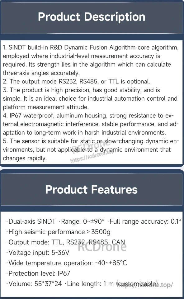 The WitMotion SINDT inclinometer provides accurate dual-axis measurement, durable protection, versatile outputs, wide voltage range, extreme temperature tolerance, and high shock resistance.