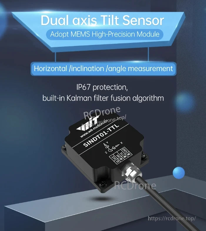 WitMotion SINDT01/02-TTL Tilt Sensor, Dual-axis tilt sensor with MEMS, IP67 protection, Kalman filter, measures horizontal, inclination, and angle.