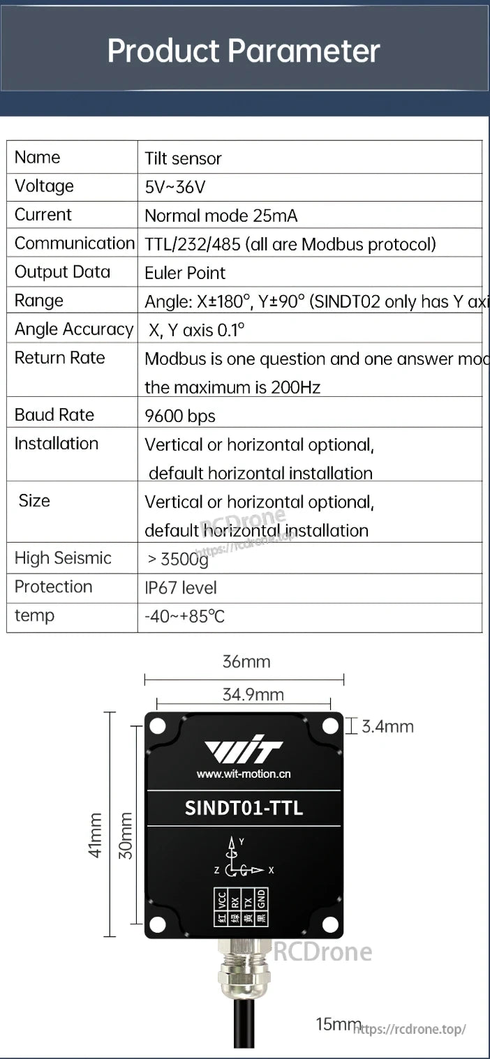 WitMotion SINDT01/02-TTL Tilt Sensor, The WitMotion SINDT01-TTL tilt sensor operates on 5V-36V, provides 25mA current, supports Modbus TTL/232/485, has 0.1° accuracy, IP67 rating, -40°C to +85°C temperature range, and measures 41×36×3.4mm.