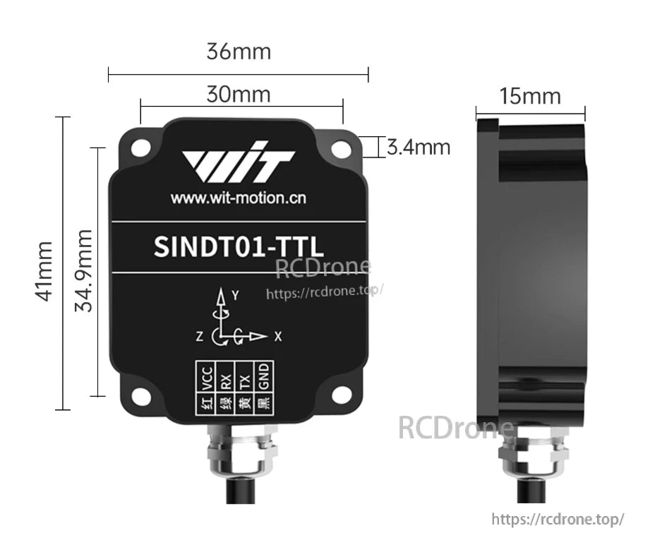 WitMotion SINDT01/02-TTL Tilt Sensor, WitMotion SINDT01-TTL tilt sensor: single/dual-axis AHRS, Modbus TTL/RS232/RS485, IP67, 0.1° accuracy, 5–36V.