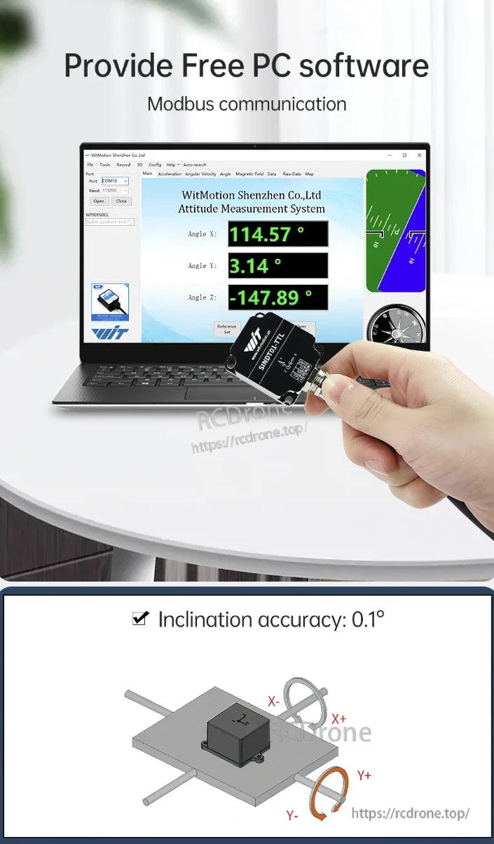 WitMotion SINDT01/02-TTL tilt sensor offers 0.1° accuracy, real-time X/Y/Z angle display via PC software, and Modbus communication.