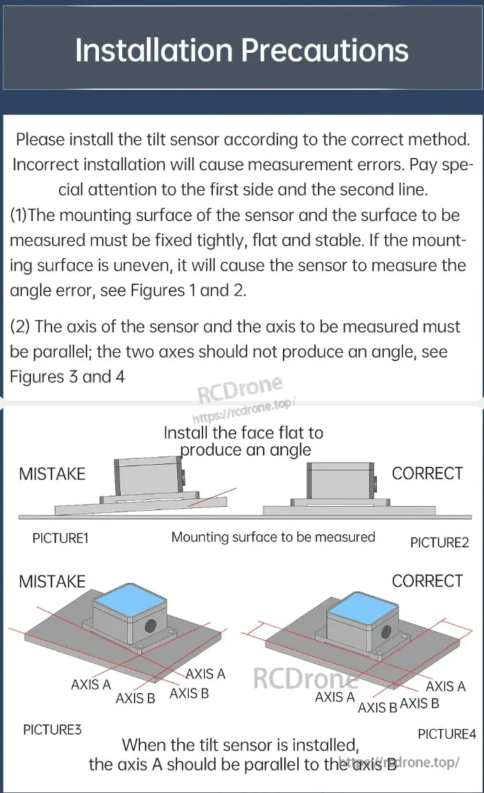WitMotion SINDT01/02-TTL Tilt Sensor, Install the tilt sensor on a flat, stable surface aligned with the measured axis to avoid errors. Refer to figures for proper placement.