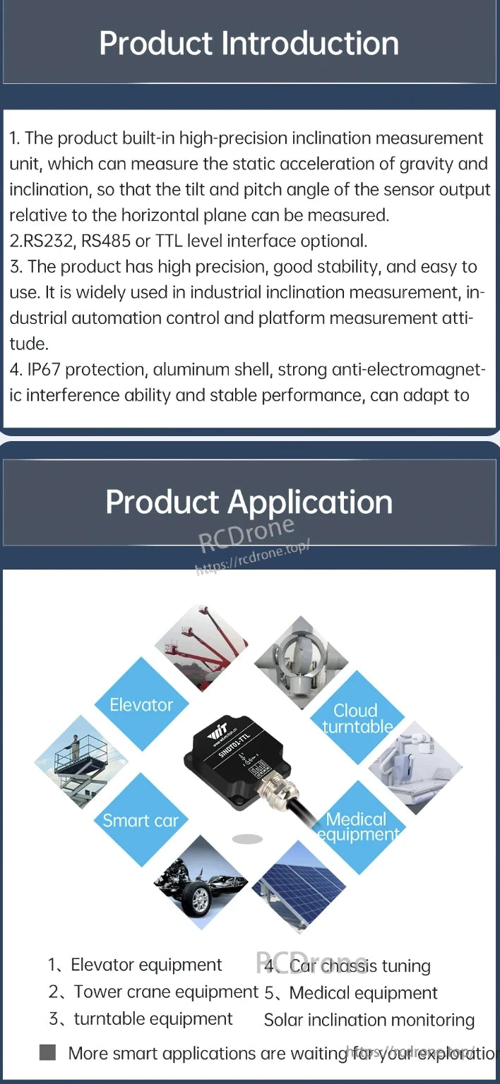 The WitMotion SINDT01/02-TTL tilt sensor provides high-precision measurement, multiple interfaces, IP67 protection, and aluminum housing, ideal for elevators, cranes, smart cars, medical devices, and solar tracking systems.