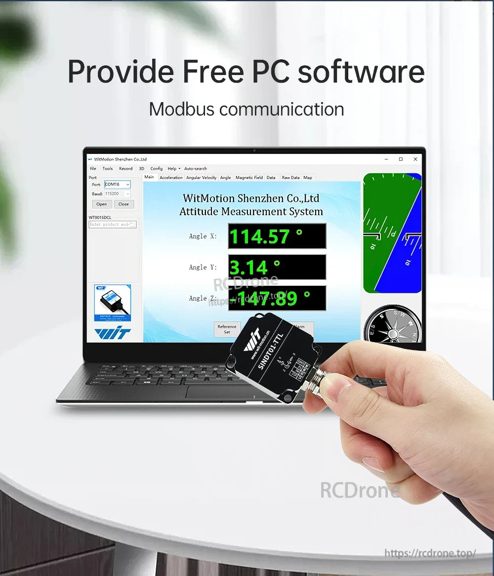 Free WitMotion PC software interface for Modbus communication and real-time angle readout with SINDT sensor