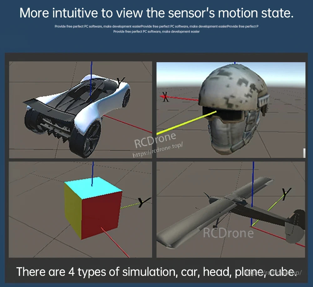 PC visualization modes for sensor motion state: car model, head model, cube model, and airplane model views