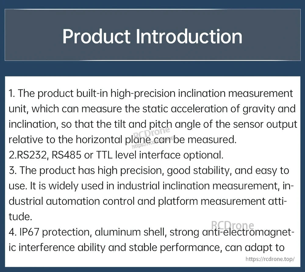 Product introduction text listing high-precision inclination unit, optional RS232/RS485/TTL interfaces, and IP67 shell