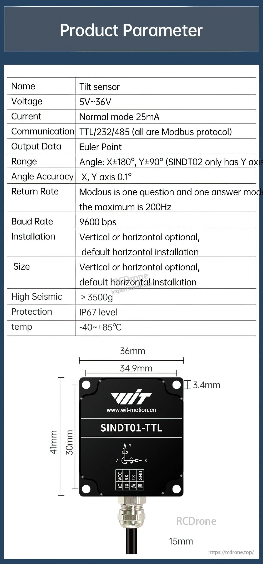WitMotion SINDT01- TTL product parameters table with voltage 5–36V, Modbus rate, and mechanical dimensions