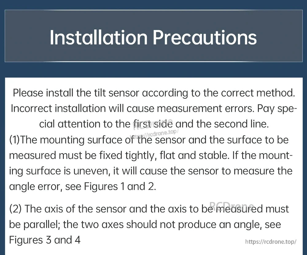 Installation precautions text advising flat, stable mounting and keeping the sensor axis parallel to the measured axis
