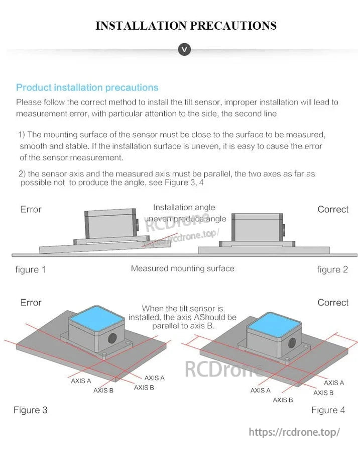 WitMotion SINET Dual-Axis AHRS, Install tilt sensors on smooth, stable surfaces, aligning the sensor axis parallel to the measured axis to avoid errors. Examples demonstrate correct and incorrect methods.