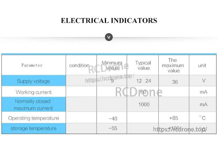 WitMotion SINET Dual-Axis AHRS, Electrical specs: 9–36V supply voltage, 60mA working current, 1000mA max current, operating temp -40 to +85°C, storage temp -55 to +100°C.