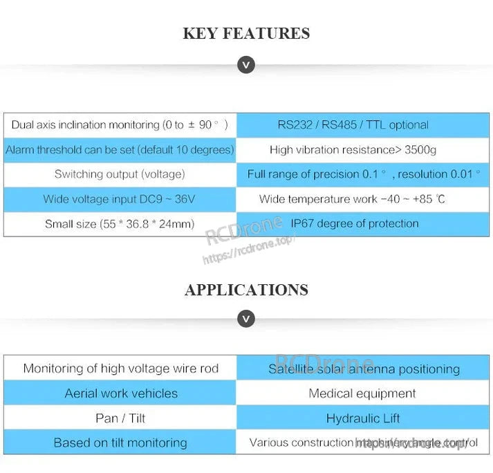 WitMotion SINET Dual-Axis AHRS, Dual-axis inclinometer with wide range, multiple outputs, alarm threshold, rugged design, and IP67 protection. Used in power lines, antennas, drones, medical gear, lifts, and construction equipment.