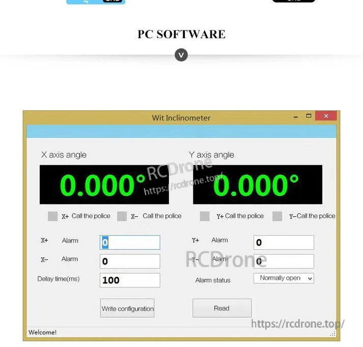 WitMotion SINET Dual-Axis AHRS, Wit Inclinometer software shows X/Y angles at 0.000°, with alarms, 100ms delay, and config/data options.