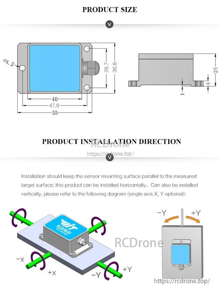 WitMotion SINET Dual-Axis AHRS, Product dimensions: 55×47.9×36.8 mm. Mountable horizontally or vertically with X/Y axis options; sensor surface parallel to target.