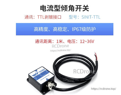 The SINIT-TTL tilt switch features high precision, stability, IP67 protection, 1m range, and 12-36V operation.