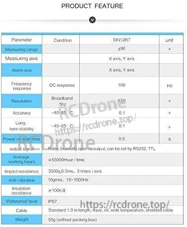 WitMotion SINRT Inclinometer, The WitMotion SIN12RT inclinometer features ±90° range, X/Y axis sensing, 100 Hz response, 0.01° resolution, ±0.1° accuracy, IP67 rating, relay output, RS232/TTL interface, and weighs 55g.