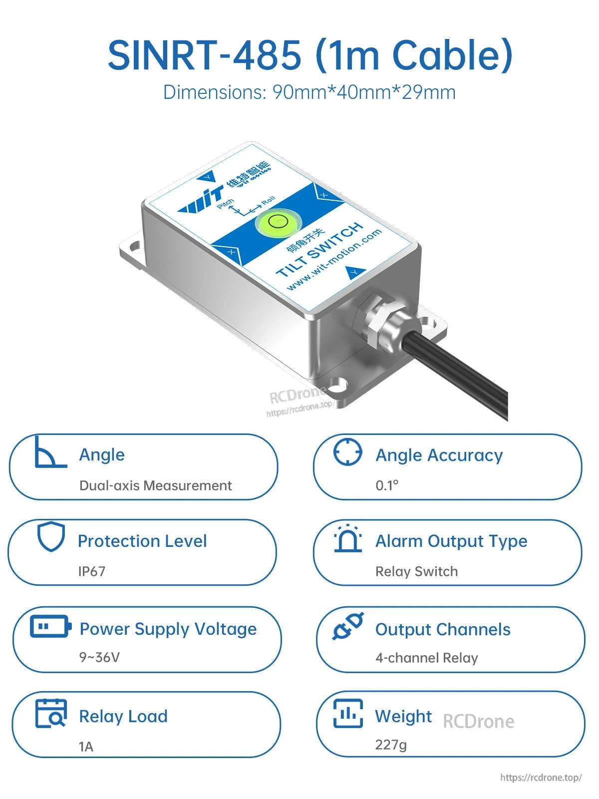 SINRT-485 (1m cable) feature icons showing dual-axis angle, protection level, power voltage, and channels
