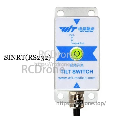 SINRT (RS232) tilt switch front view graphic with model text and bubble level indicator on label