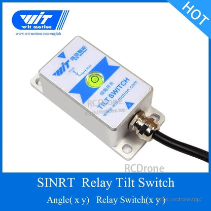 WitMotion SINRT relay tilt switch angled view showing metal enclosure, mounting tabs, and cable connector