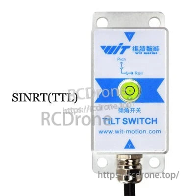 SINRT (TTL) tilt switch front view graphic showing label, bubble level, and bottom cable connector