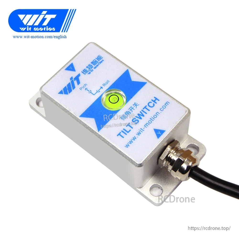 Close angled product photo highlighting SINRT tilt switch housing, bubble level window, and mounting holes