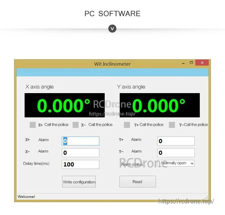 PC software screen for Wit Inclinometer showing X and Y axis angle readouts and alarm threshold settings