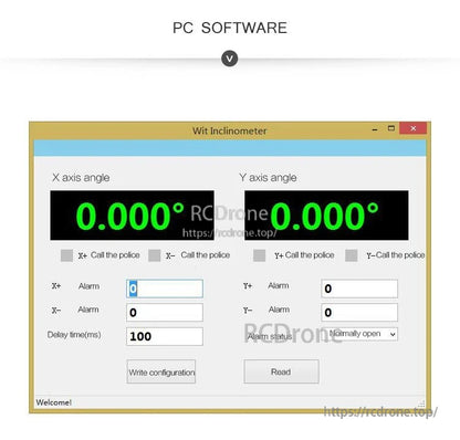 PC software screen for Wit Inclinometer showing X and Y axis angle readouts and alarm threshold settings