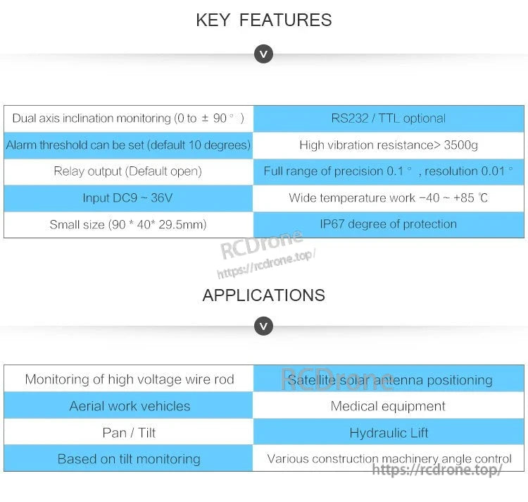 Key features and applications chart for SINRT relay tilt switch, including RS232/TTL option and IP67 rating