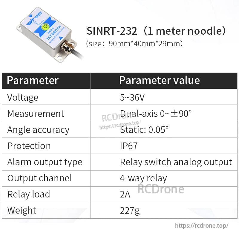 SINRT-232 parameter table showing voltage range, dual-axis angle, static accuracy 0.05°, IP67, and weight
