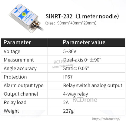 SINRT-232 parameter table showing voltage range, dual-axis angle, static accuracy 0.05°, IP67, and weight