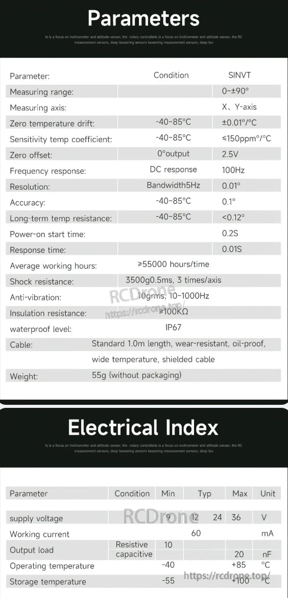 The WitMotion SINVT inclinometer features ±90° range, X/Y-axis, 0.1° accuracy, IP67 rating, 55g weight, 9-36V supply, 60mA current, -40°C to +85°C operation, 100Hz response, and 0.01° resolution.