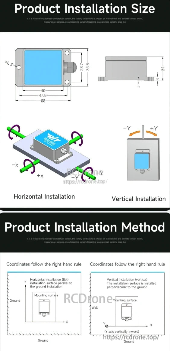 WitMotion SINVT inclinometer installation guide: 55×47.9×36.8 mm, supports horizontal/vertical mounting, right-hand rule coordinates, surface parallel/perpendicular to ground.