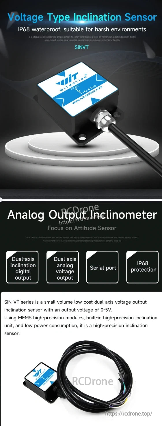 WitMotion SINVT Inclinometer, WitMotion SINVT is a compact, low-cost dual-axis inclinometer with 0-5V analog output, IP68 waterproofing, and MEMS technology for precise attitude sensing in harsh conditions.