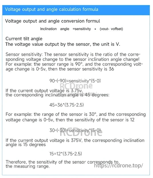 WitMotion SINVT Inclinometer, Inclinometer angle = sensitivity × (Vout - Voffset). Sensitivity varies with range and voltage; examples given for 90° and 30° ranges.