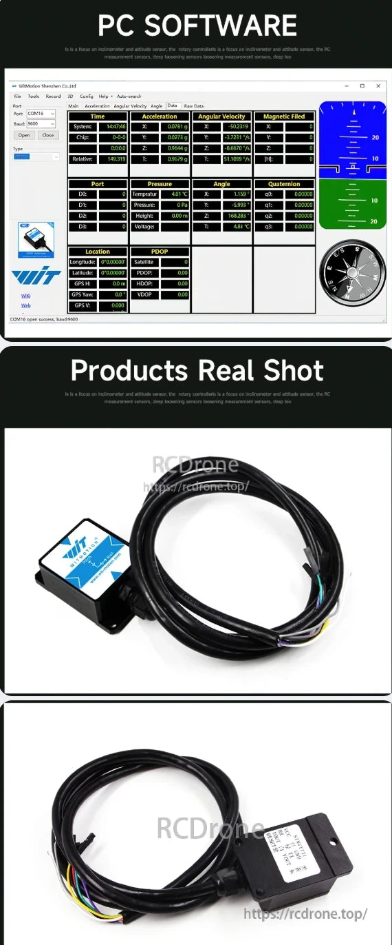 The WitMotion SINVT Inclinometer features PC software for real-time monitoring of acceleration, angular velocity, magnetic field, and GPS, with product images highlighting its compact design and technical specifications.