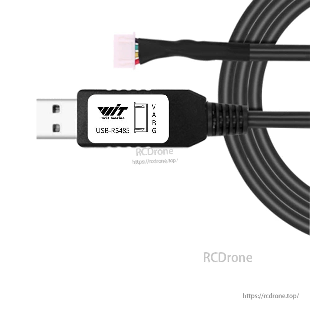 WitMotion USB to TTL/232/485 UART converter cable shown as USB‑RS485 adapter, label with V A B G pins