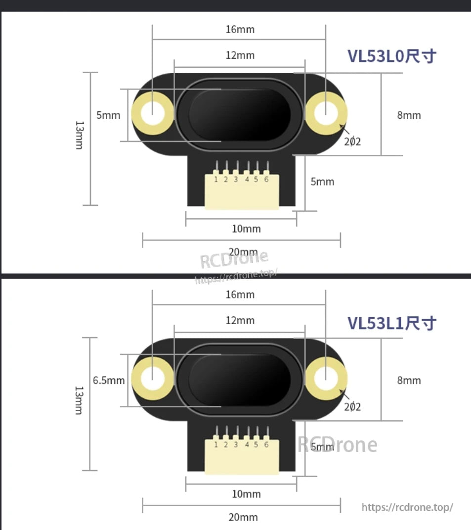 WitMotion WT-VL53L0 Laser Distance Sensor, The VL53L0 and VL53L1 sensors measure 20mm in length, 13mm in height, and 16mm in width, featuring a 6-pin connector and mounting holes.