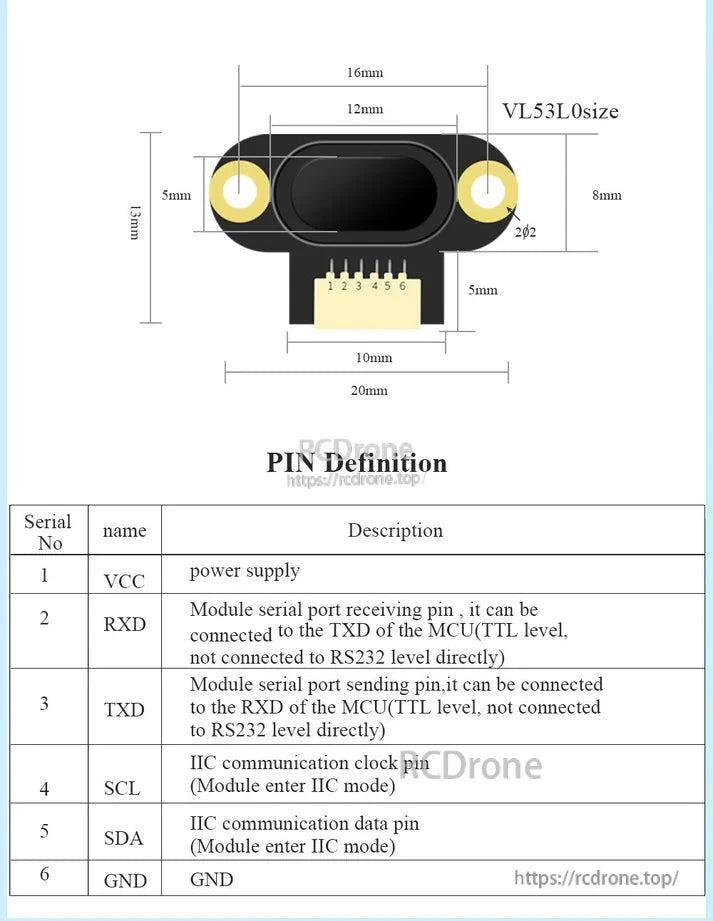 WitMotion WT-VL53L0 laser distance sensor features VCC, RXD, TXD, SCL, SDA, GND pins for power, serial, and I2C communication. Supports TTL level connections.