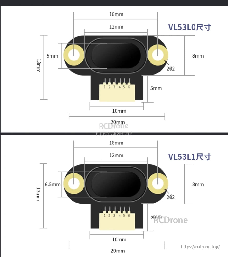 WitMotion WT-VL53L0 Laser Distance Sensor, VL53L0 and VL53L1 sensors measure 20×13×6.2 mm, range 3–200 cm, operate at 3.3–5 V, support UART TTL/I²C, include pin layout and mounting holes.