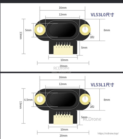 WitMotion WT-VL53L0 Laser Distance Sensor, VL53L0 and VL53L1 sensors measure 20×13×6.2 mm, range 3–200 cm, operate at 3.3–5 V, support UART TTL/I²C, include pin layout and mounting holes.