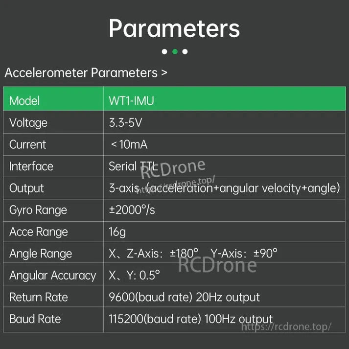 WitMotion WT1-IMU Dual-Axis Angle Sensor, The WT1-IMU accelerometer operates on 3.3–5V with low current, providing 3-axis acceleration, angular velocity, and angle data with high accuracy and serial TTL interface options.