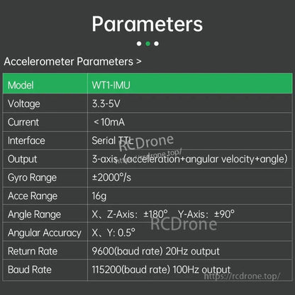 WitMotion WT1-IMU Dual-Axis Angle Sensor, The WT1-IMU accelerometer operates on 3.3–5V with low current, providing 3-axis acceleration, angular velocity, and angle data with high accuracy and serial TTL interface options.