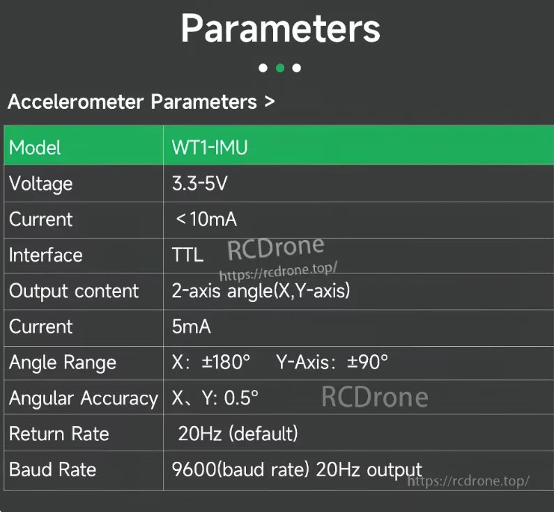 WitMotion WT1-IMU Dual-Axis Angle Sensor, The WT1-IMU accelerometer works at 3.3-5V, uses <10mA, has a TTL interface, provides 2-axis angles (X: ±180°, Y: ±90°) with 0.5° accuracy, and has a default return rate of 20Hz and baud rate of 9600.