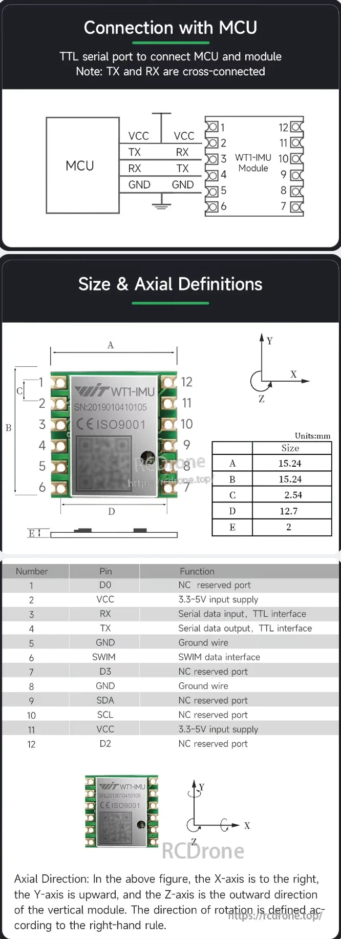 WitMotion WT1-IMU Dual-Axis Angle Sensor, The WitMotion WT1-IMU is a compact dual-axis angle sensor with TTL serial, 12-pin layout, and key pins like VCC, GND, TX, RX, SWIM, SDA, SCL.