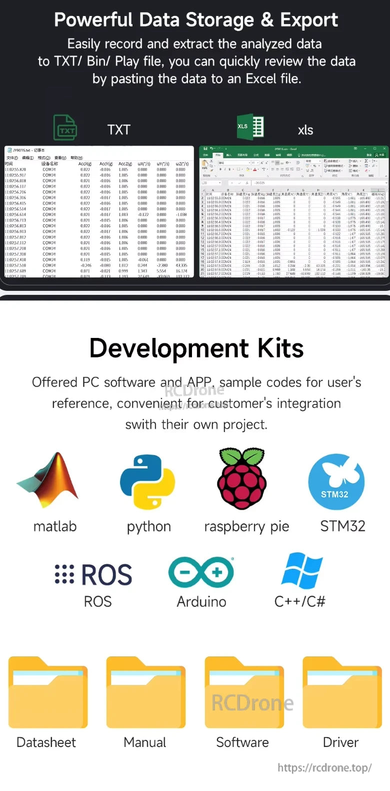 WitMotion WT1-IMU Dual-Axis Angle Sensor, Powerful data storage and export options; compatible with MATLAB, Python, Raspberry Pi, STM32, ROS, Arduino, C++/C#. Comes with datasheet, manual, software, and driver.