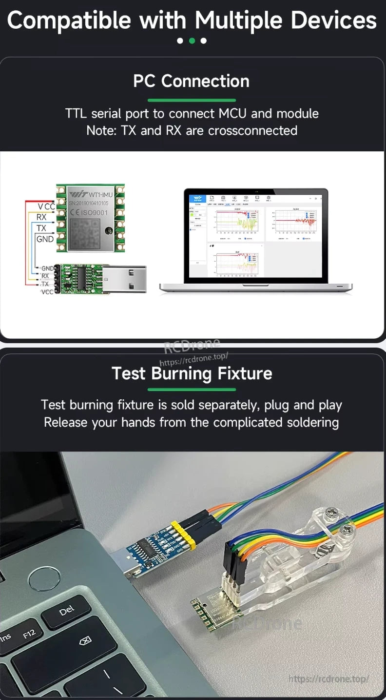 WitMotion WT1-IMU Dual-Axis Angle Sensor, WitMotion WT1-IMU connects to PC via TTL serial port, supports multiple devices, easy setup without soldering.