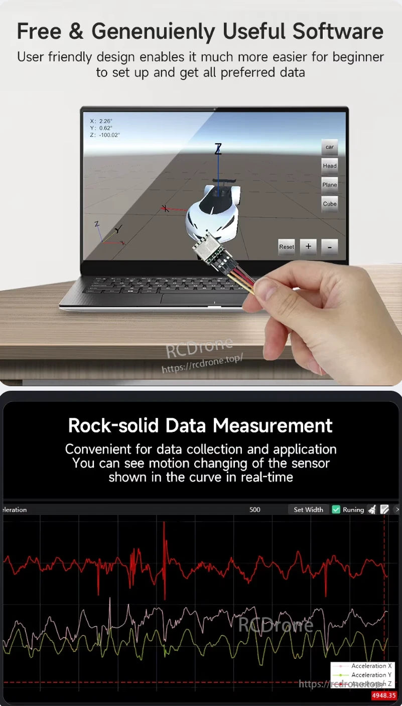 WitMotion WT1-IMU Dual-Axis Angle Sensor, Free, user-friendly software enables easy setup and real-time motion tracking with accurate X, Y, Z axis acceleration data displayed dynamically.
