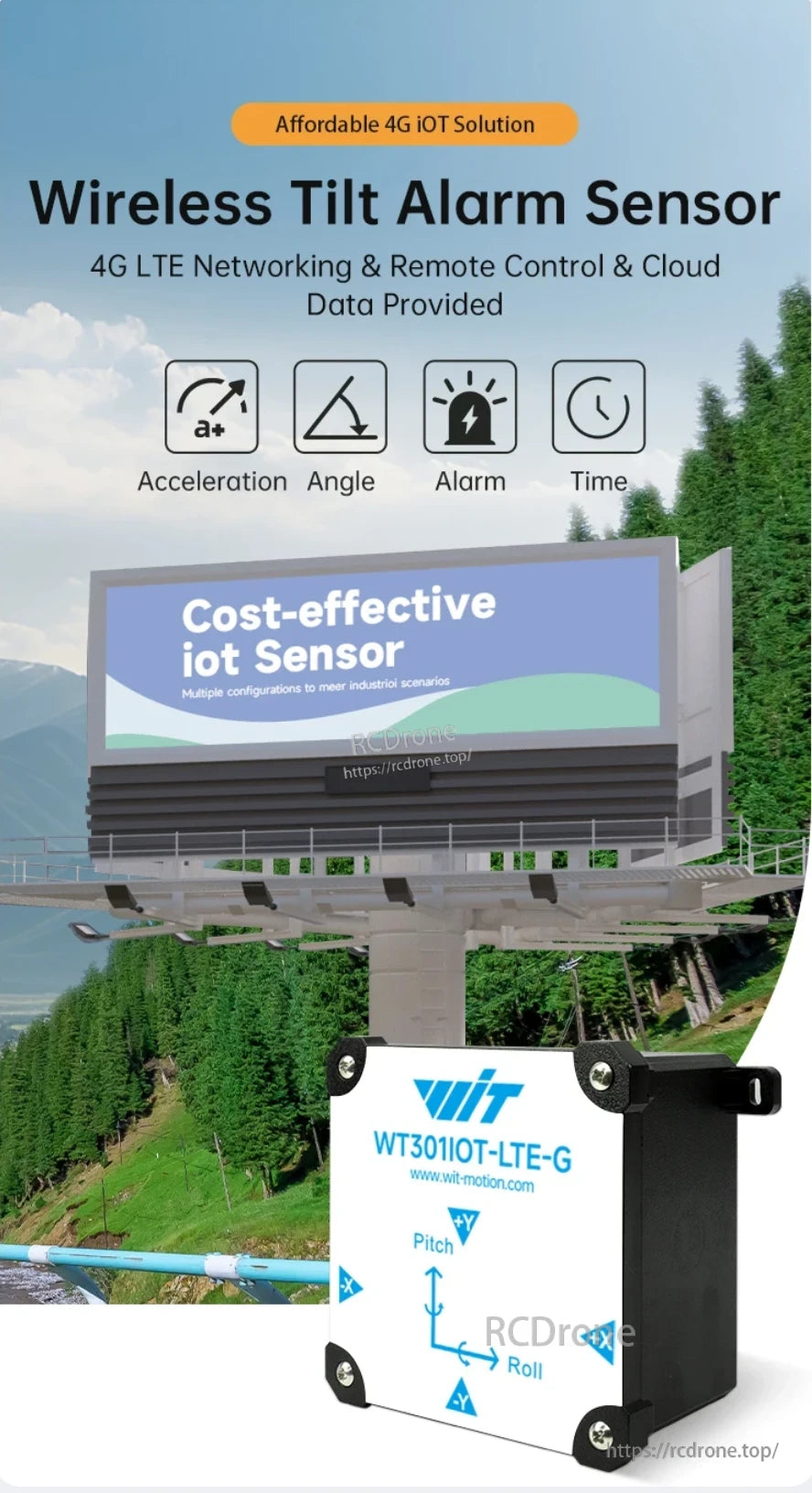 WitMotion WT301 IoT Sensor, Affordable 4G IoT tilt alarm sensor with remote control, cloud data, and industrial use. Model WT301IOT-LTE-G.